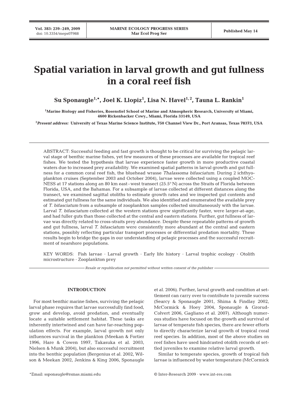 Spatial Variation in Larval Growth and Gut Fullness in a Coral Reef Fish