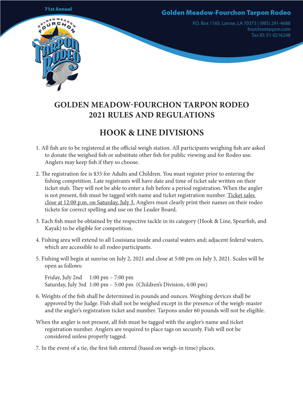 Golden Meadow-Fourchon Tarpon Rodeo 2021 Rules and Regulations