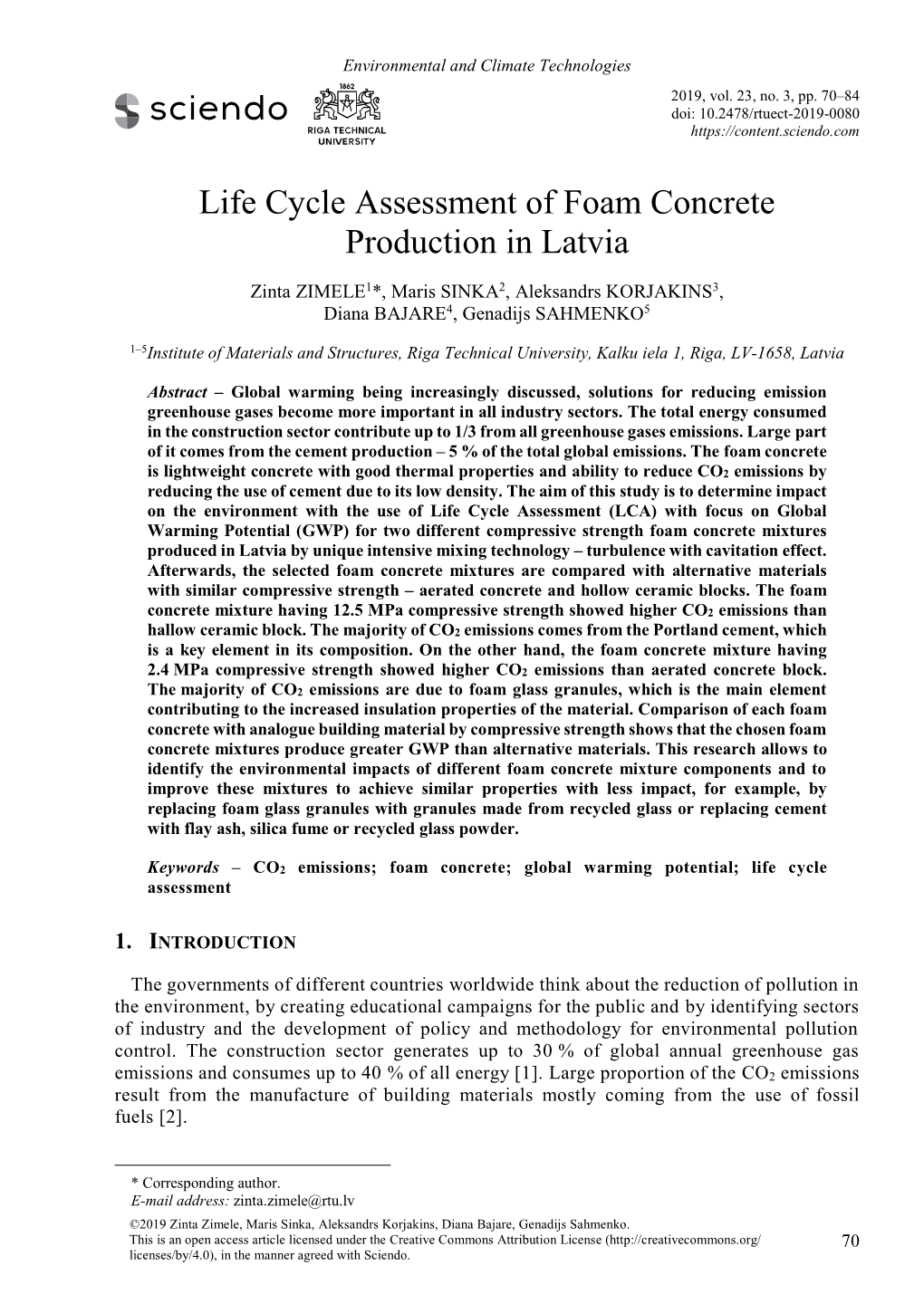 Life Cycle Assessment of Foam Concrete Production in Latvia