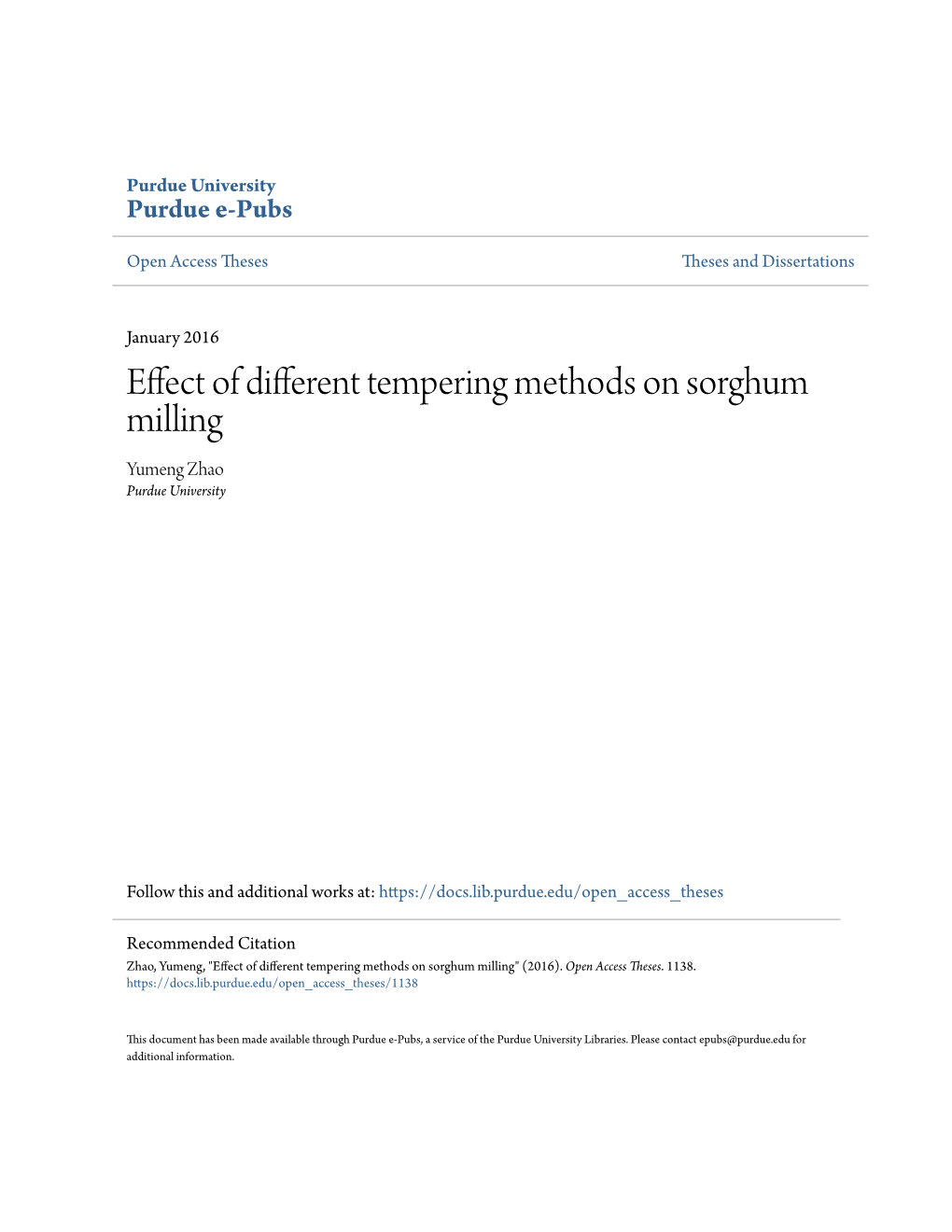 Effect of Different Tempering Methods on Sorghum Milling Yumeng Zhao Purdue University