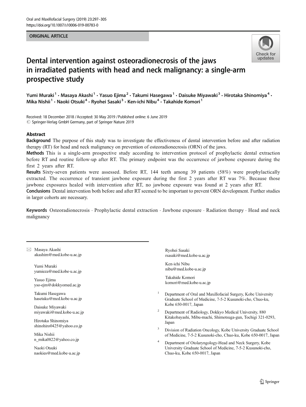 Dental Intervention Against Osteoradionecrosis of the Jaws in Irradiated Patients with Head and Neck Malignancy: a Single-Arm Prospective Study