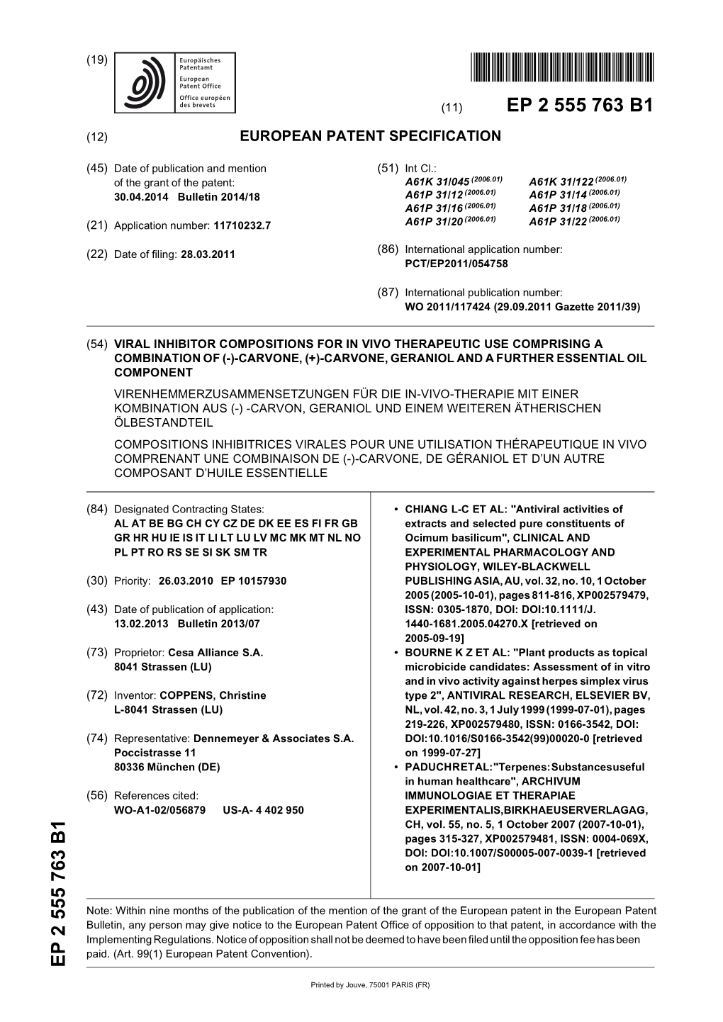 Viral Inhibitor Compositions for in Vivo Therapeutic Use Comprising a Combination of (-)-Carvone, (+)-Carvone, Geraniol and a Fu