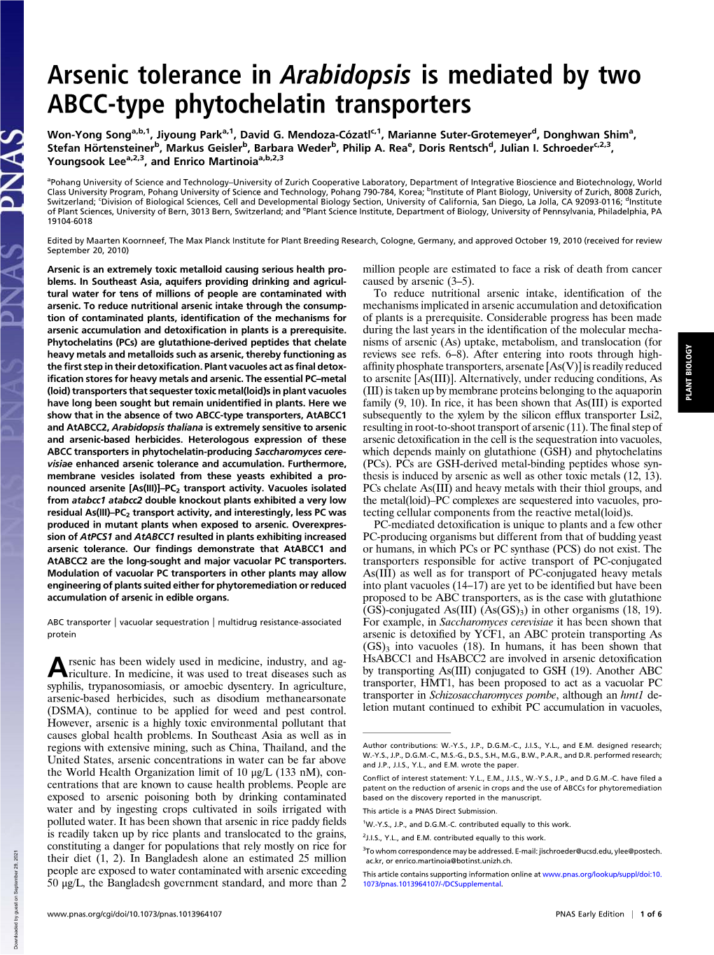 Arsenic Tolerance in Arabidopsis Is Mediated by Two ABCC-Type Phytochelatin Transporters