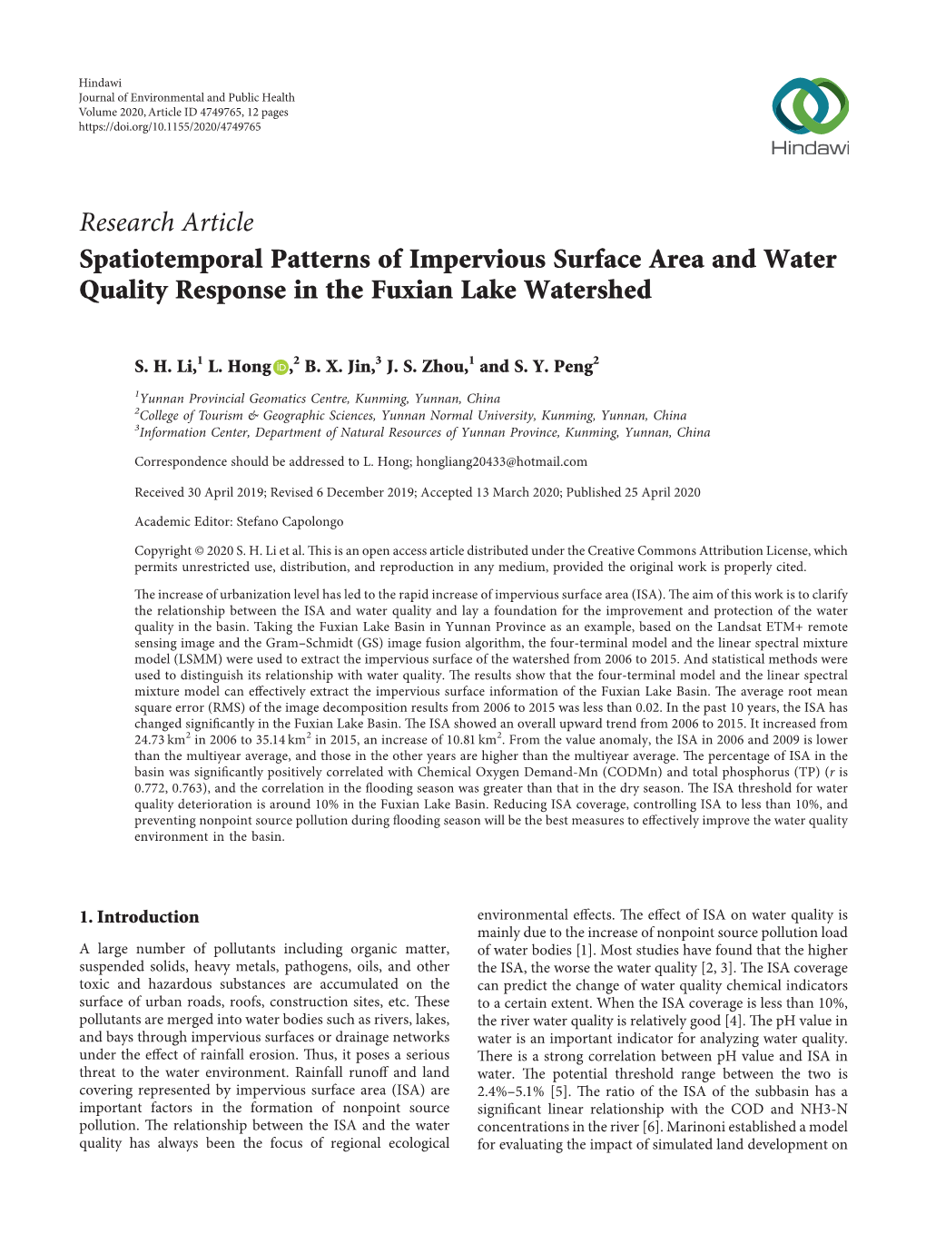 Spatiotemporal Patterns of Impervious Surface Area and Water Quality Response in the Fuxian Lake Watershed
