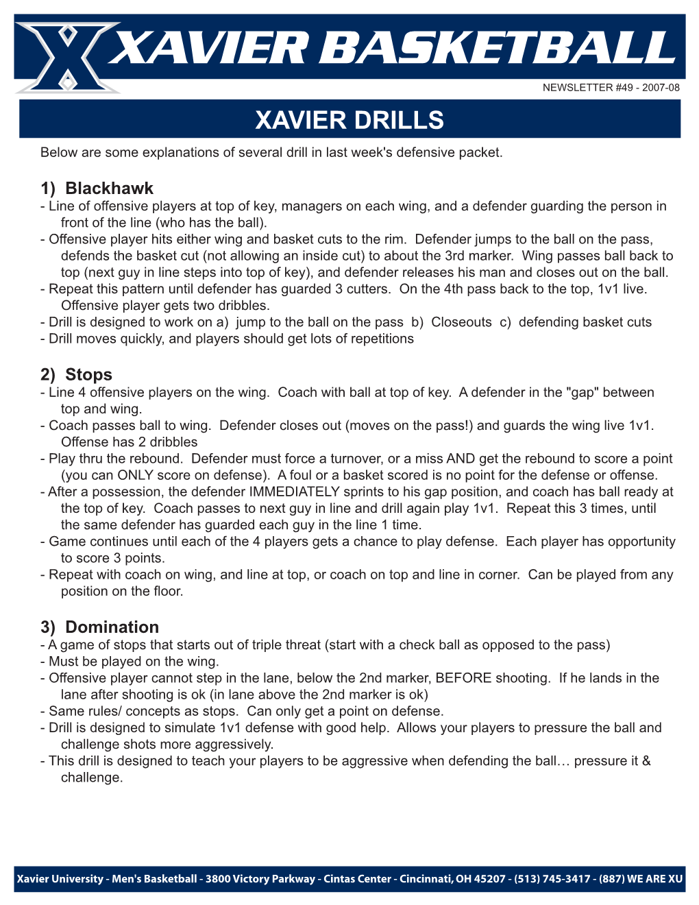 XAVIER DRILLS Below Are Some Explanations of Several Drill in Last Week's Defensive Packet