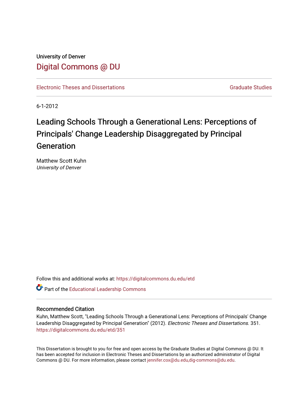 Leading Schools Through a Generational Lens: Perceptions of Principals' Change Leadership Disaggregated by Principal Generation