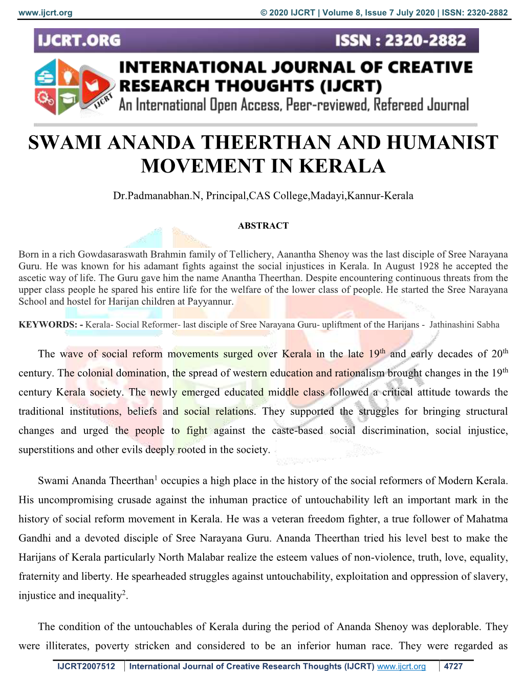 Swami Ananda Theerthan and Humanist Movement in Kerala