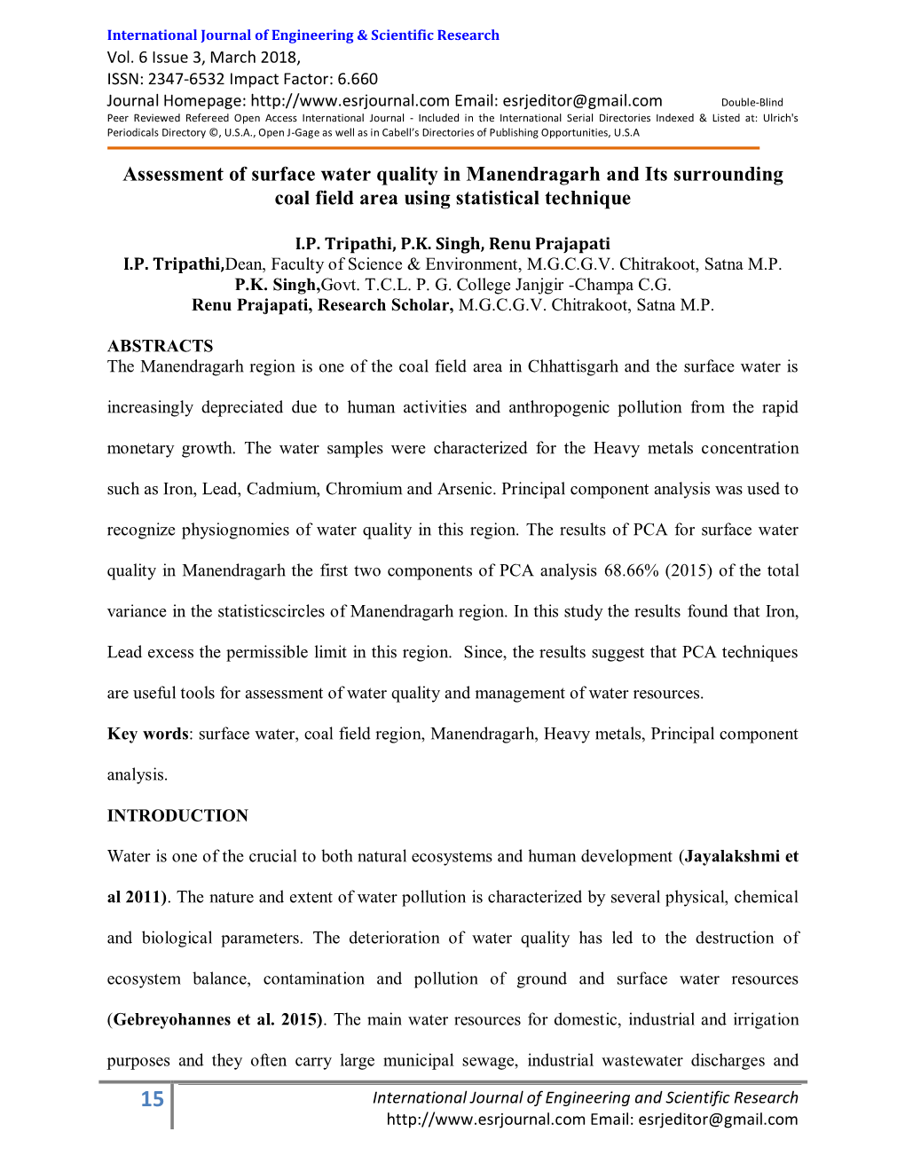 Assessment of Surface Water Quality in Manendragarh and Its Surrounding Coal Field Area Using Statistical Technique