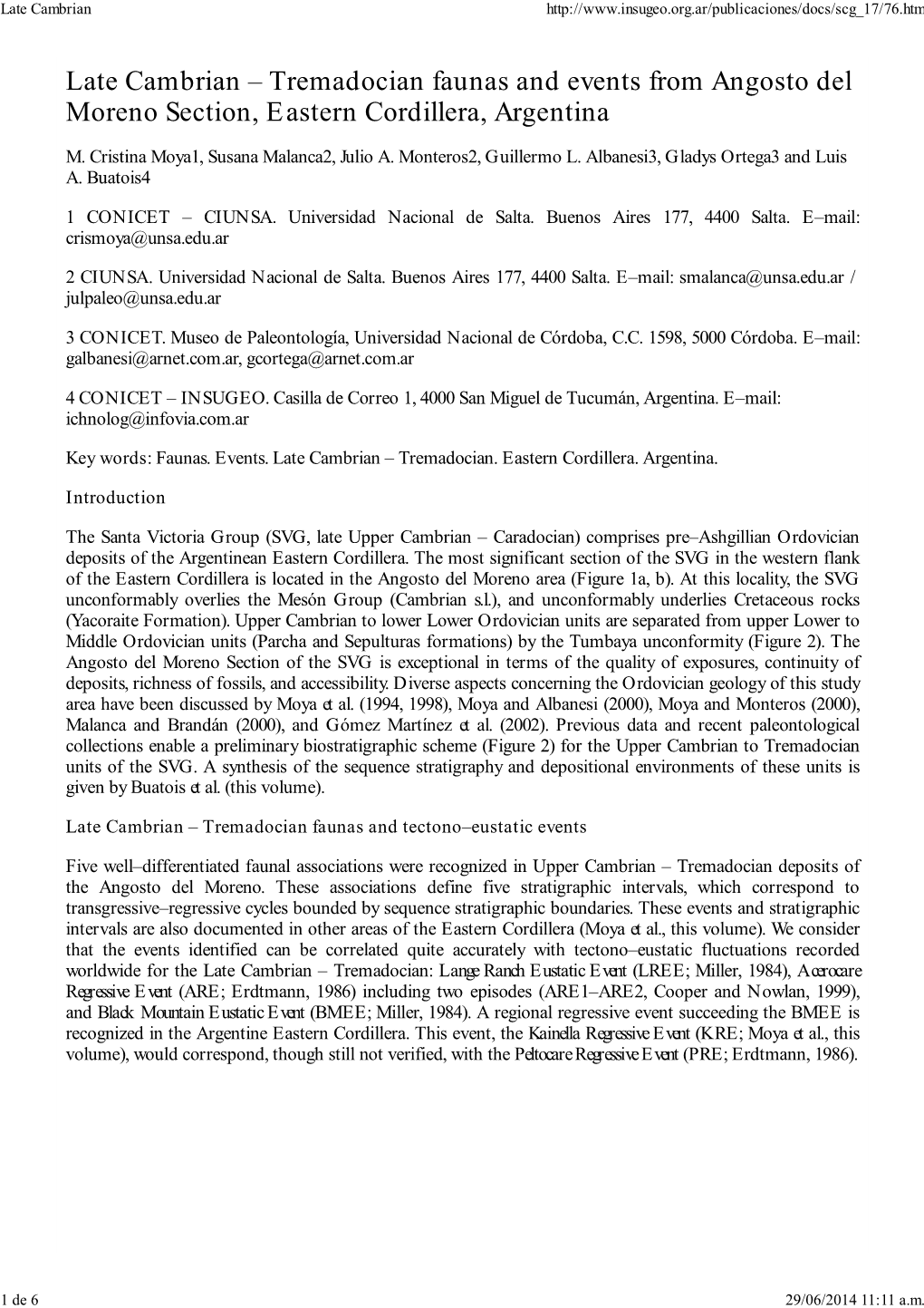 Late Cambrian – Tremadocian Faunas and Events from Angosto Del Moreno Section, Eastern Cordillera, Argentina