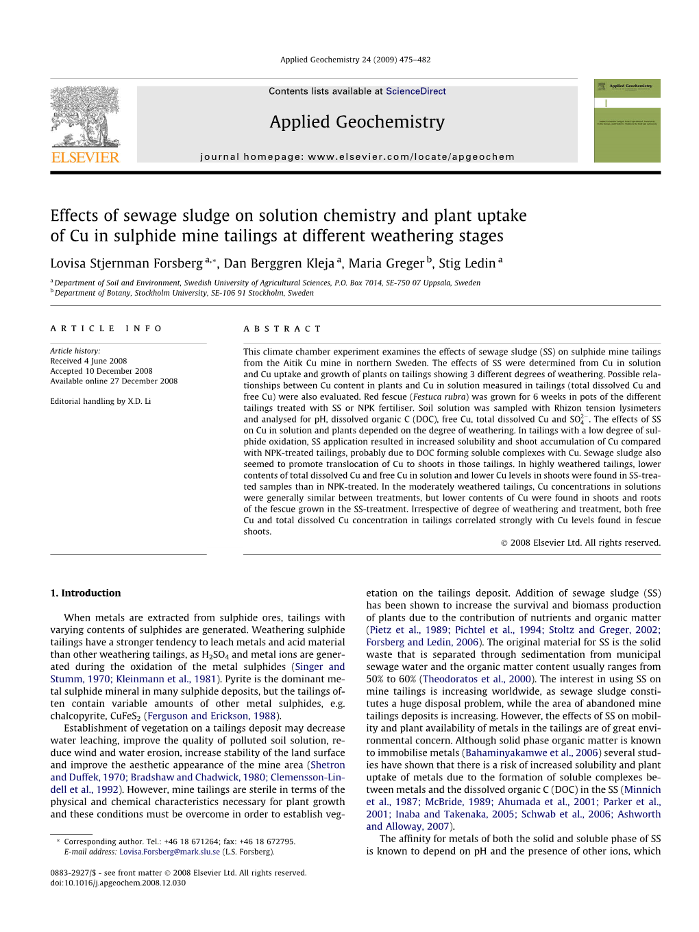 Effects of Sewage Sludge on Solution Chemistry and Plant Uptake of Cu in Sulphide Mine Tailings at Different Weathering Stages