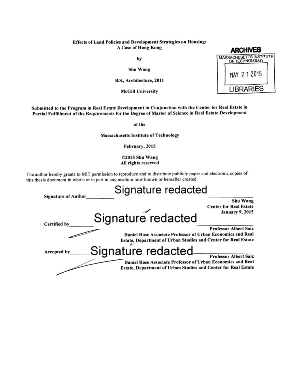 Signature Redacted Signature of Author Shu Wang Center for Real Estate January 9, 2015