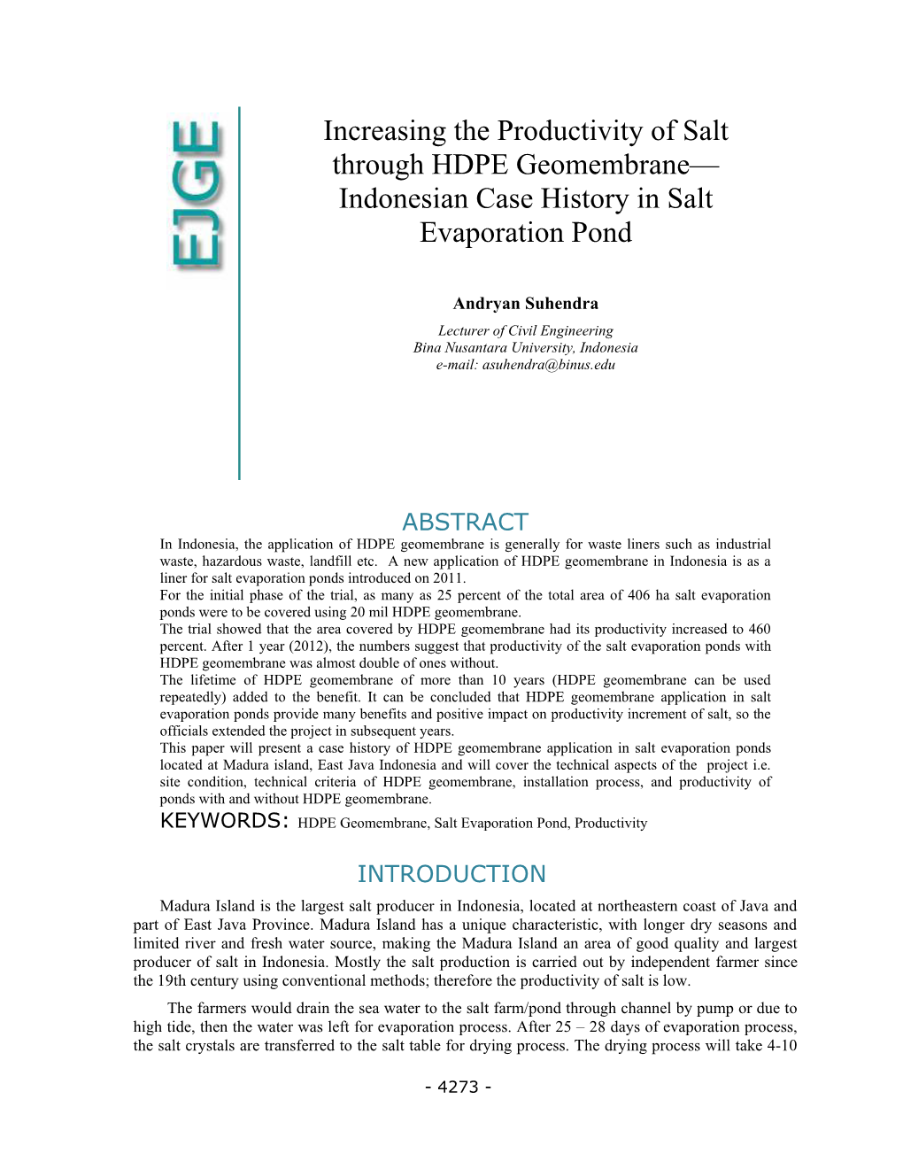 Increasing the Productivity of Salt Through HDPE Geomembrane— Indonesian Case History in Salt Evaporation Pond