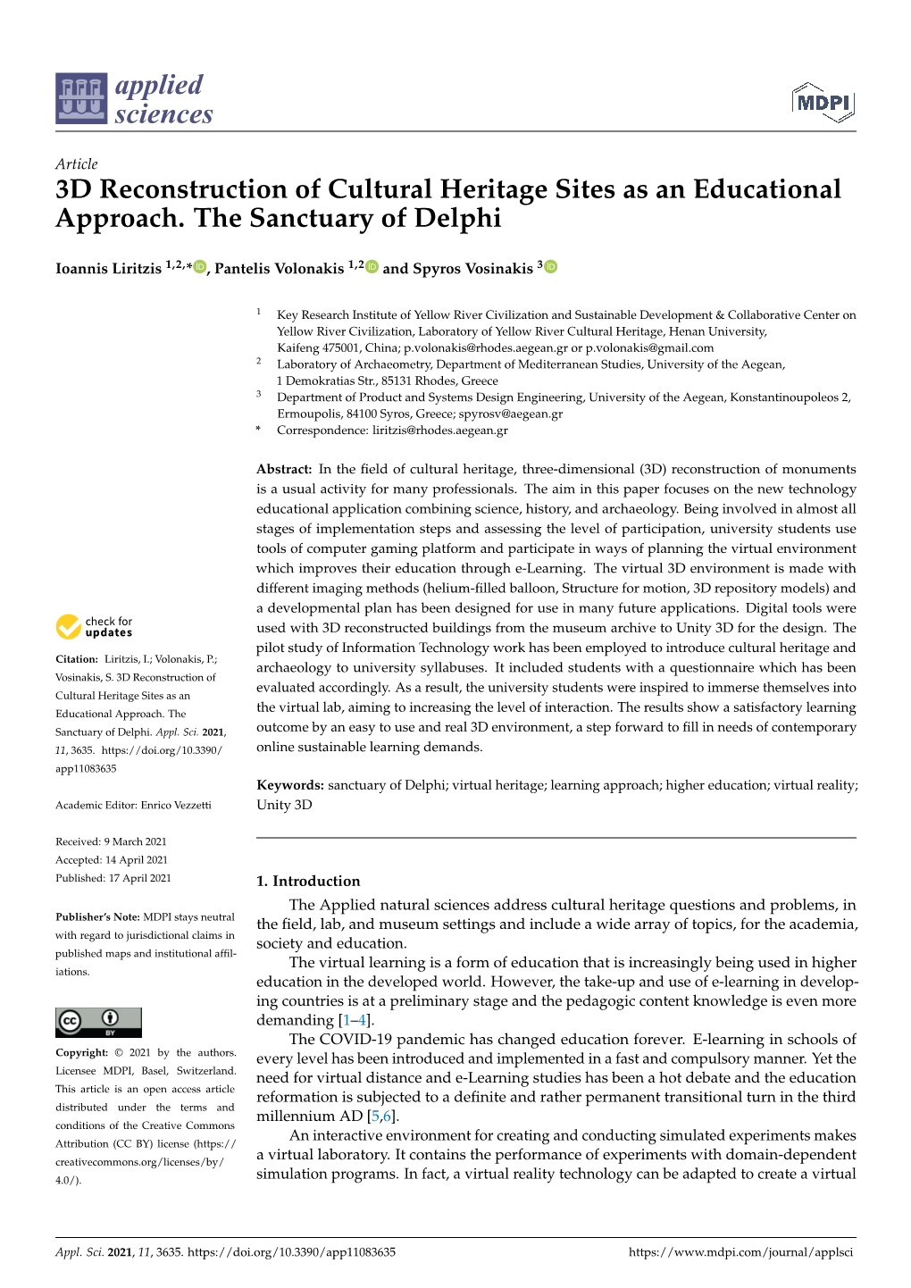 3D Reconstruction of Cultural Heritage Sites As an Educational Approach