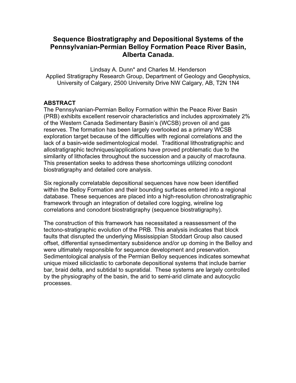 Sequence Biostratigraphy and Depositional Systems of the Pennsylvanian-Permian Belloy Formation Peace River Basin, Alberta Canada