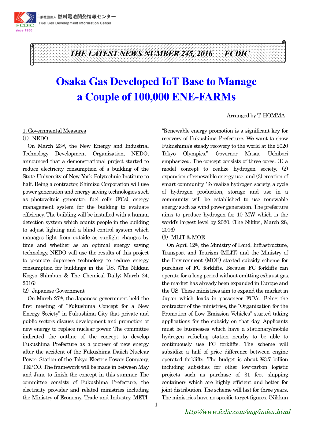 Osaka Gas Developed Iot Base to Manage a Couple of 100,000 ENE-Farms