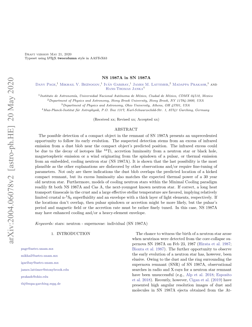 Arxiv:2004.06078V2 [Astro-Ph.HE] 20 May 2020 Pernova SN 1987A on Feb 23, 1987 (Hirata Et Al