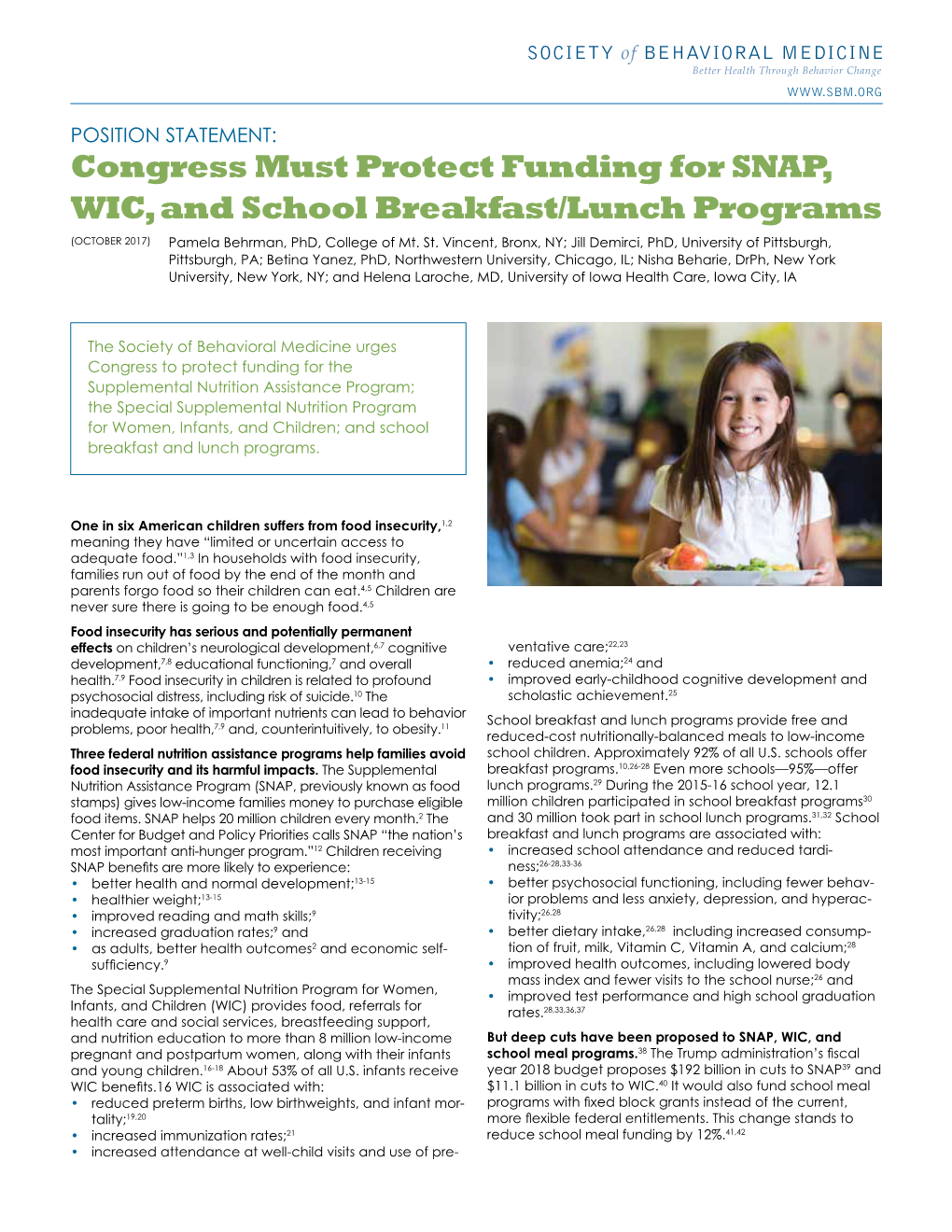 Congress Must Protect Funding for SNAP, WIC, and School Breakfast/Lunch Programs (OCTOBER 2017) Pamela Behrman, Phd, College of Mt