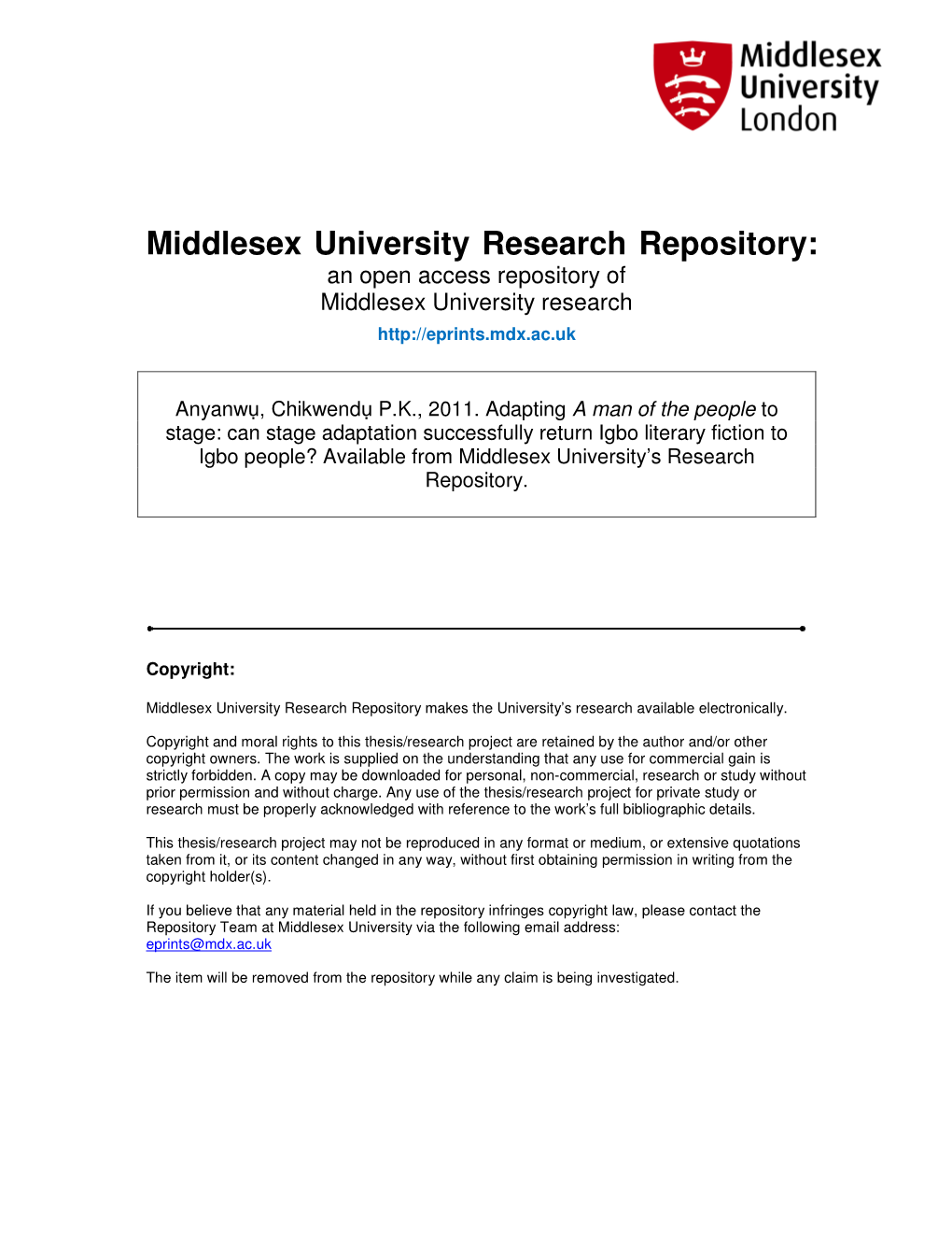 Middlesex University Research Repository: an Open Access Repository of Middlesex University Research