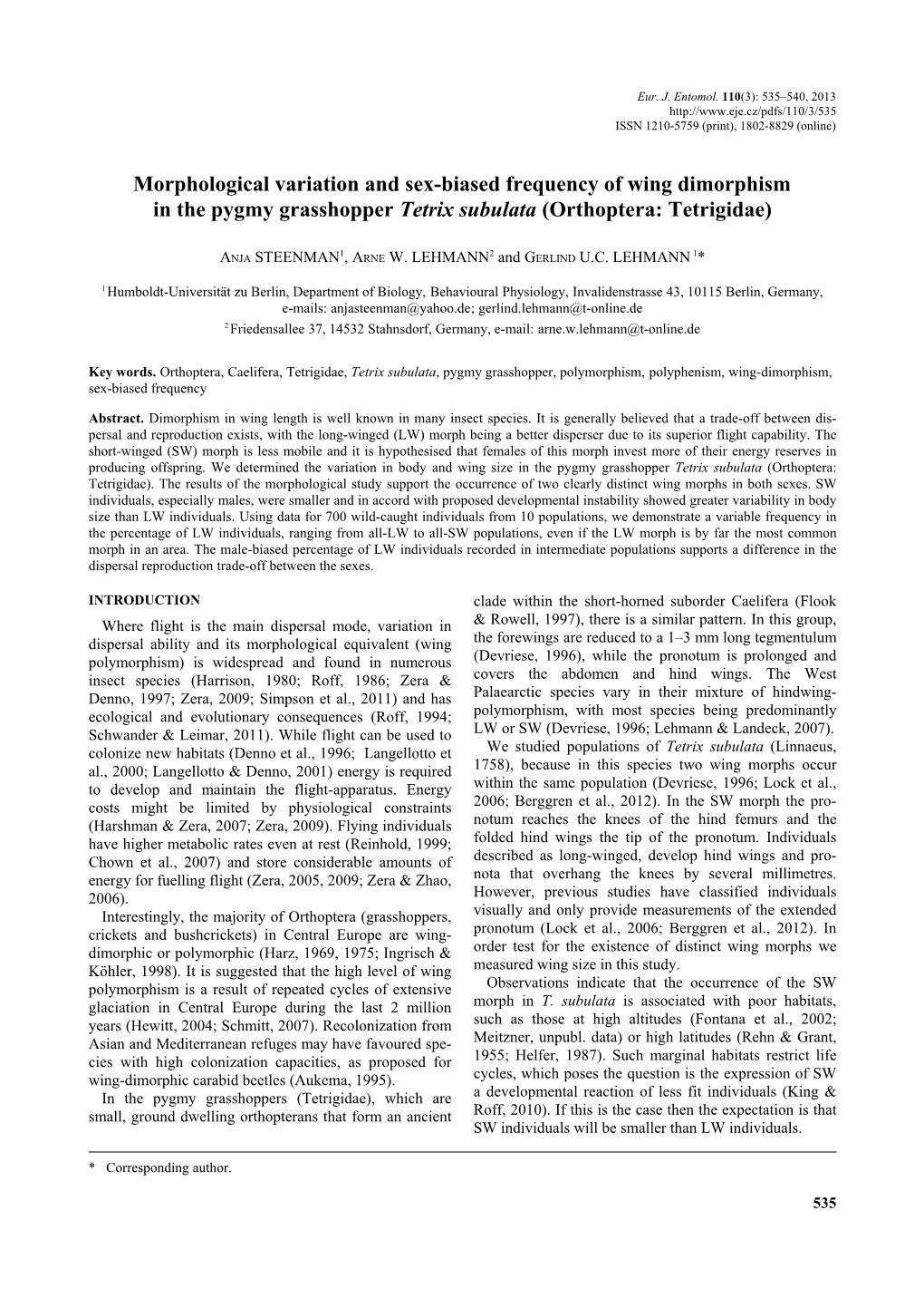 Morphological Variation and Sex-Biased Frequency of Wing Dimorphism in the Pygmy Grasshopper Tetrix Subulata (Orthoptera: Tetrigidae)