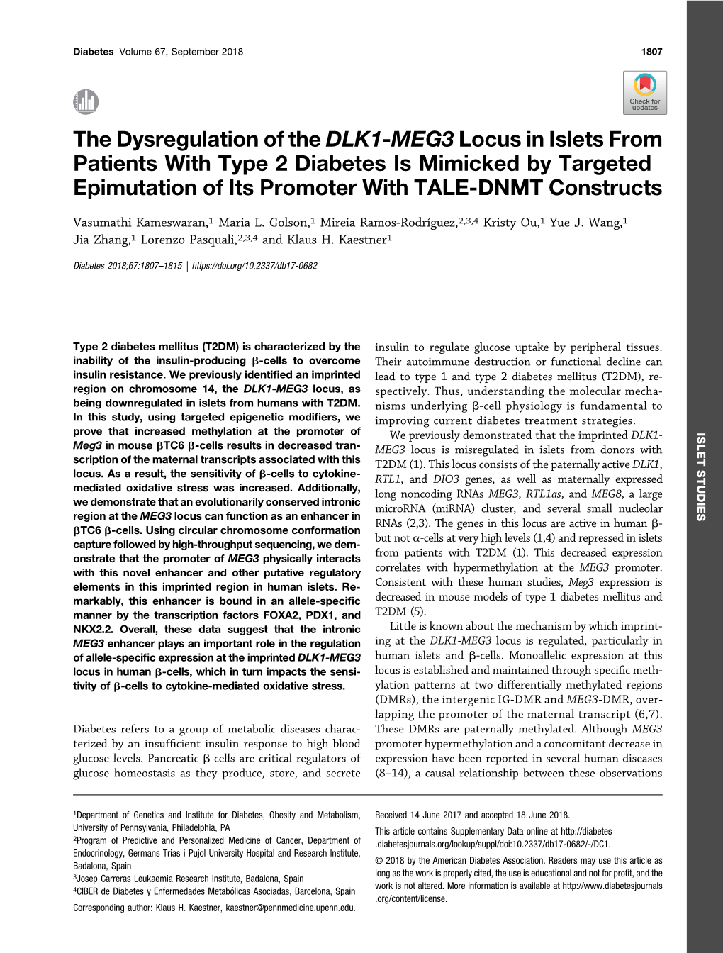 The Dysregulation of the DLK1-MEG3 Locus in Islets from Patients with Type 2 Diabetes Is Mimicked by Targeted Epimutation of Its Promoter with TALE-DNMT Constructs