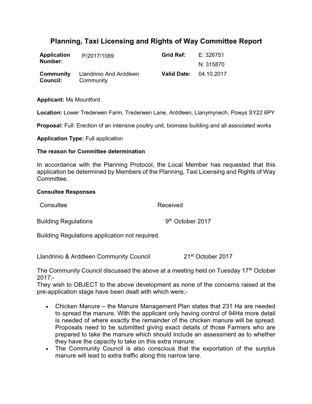 Planning, Taxi Licensing and Rights of Way Committee Report