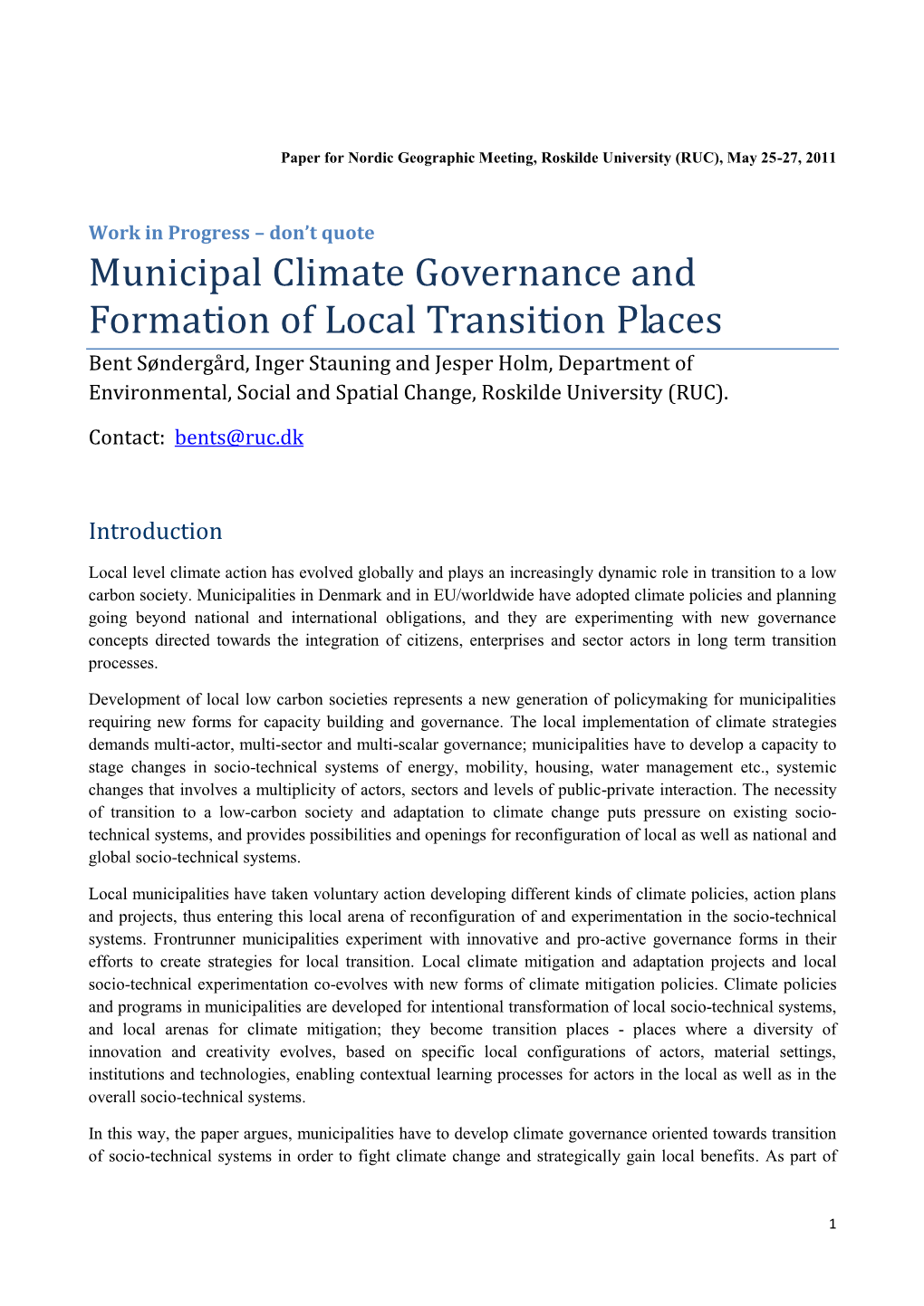 Municipal Climate Governance and Formation of Local Transition Places