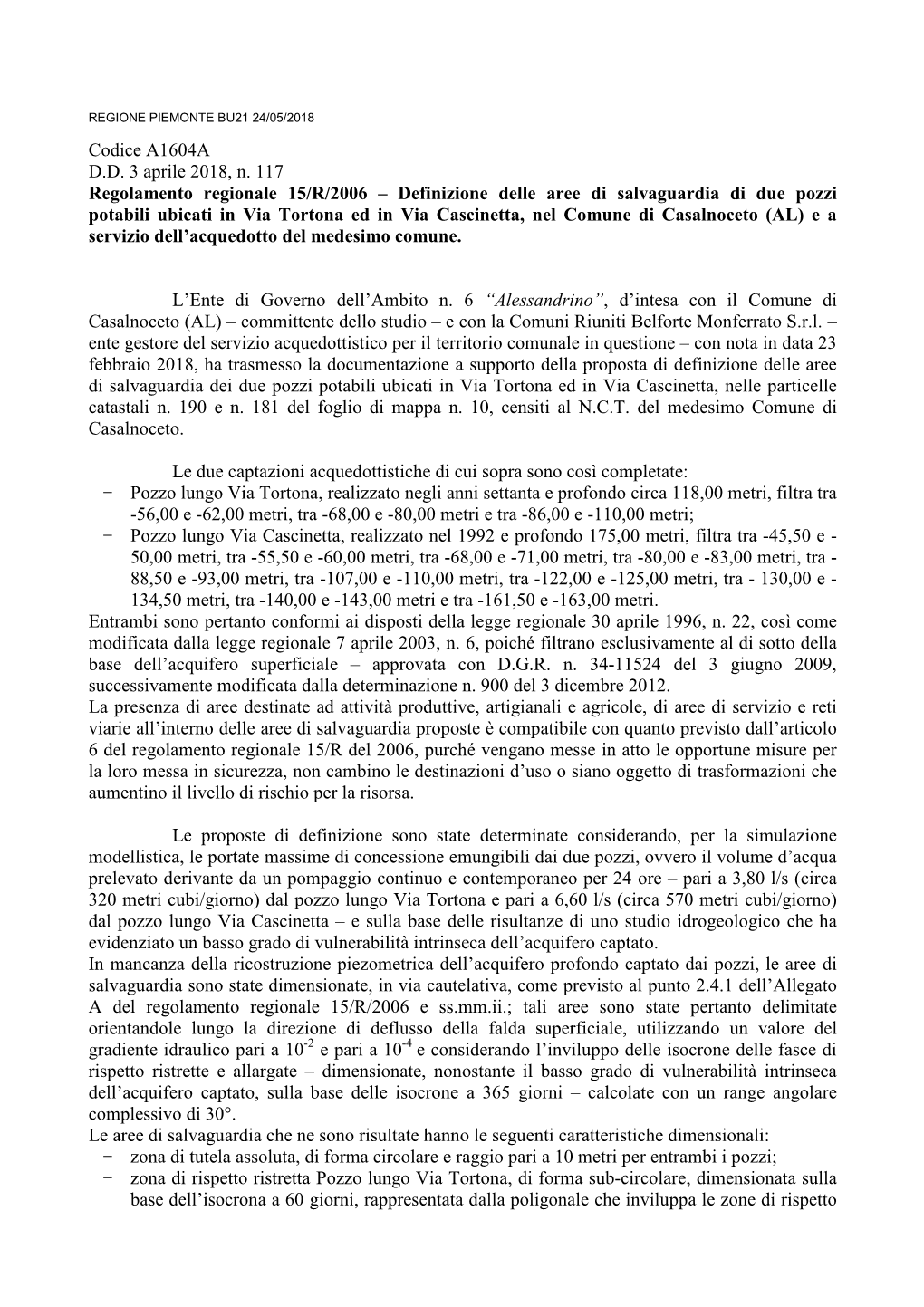 Codice A1604A DD 3 Aprile 2018, N. 117 Regolamento Regionale 15