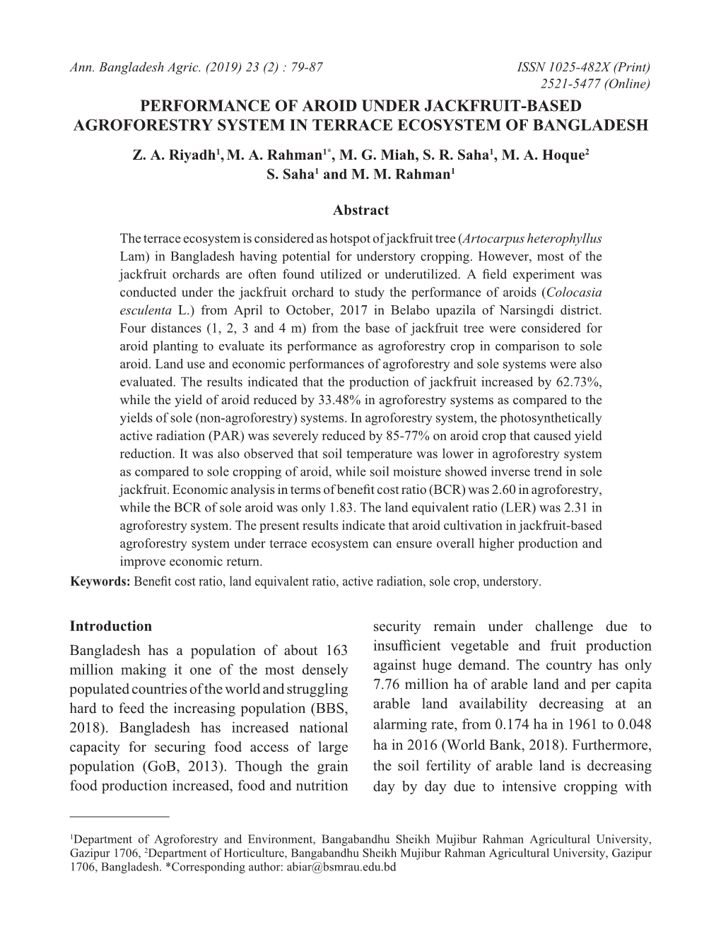 Performance of Aroid Under Jackfruit-Based Agroforestry System in Terrace Ecosystem of Bangladesh Z