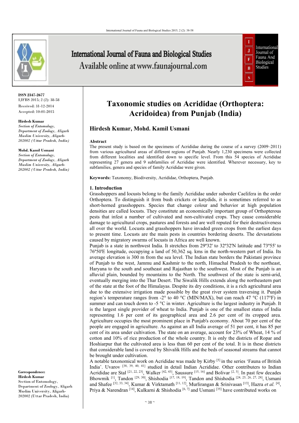 Taxonomic Studies on Acrididae (Orthoptera: Acridoidea) from Punjab