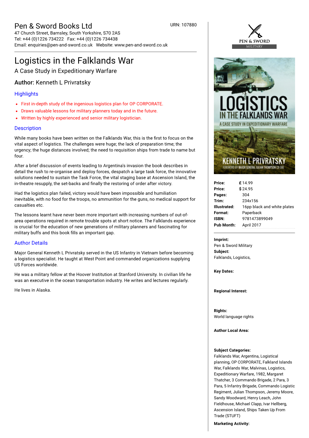 Logistics in the Falklands War a Case Study in Expeditionary Warfare Author: Kenneth L Privratsky