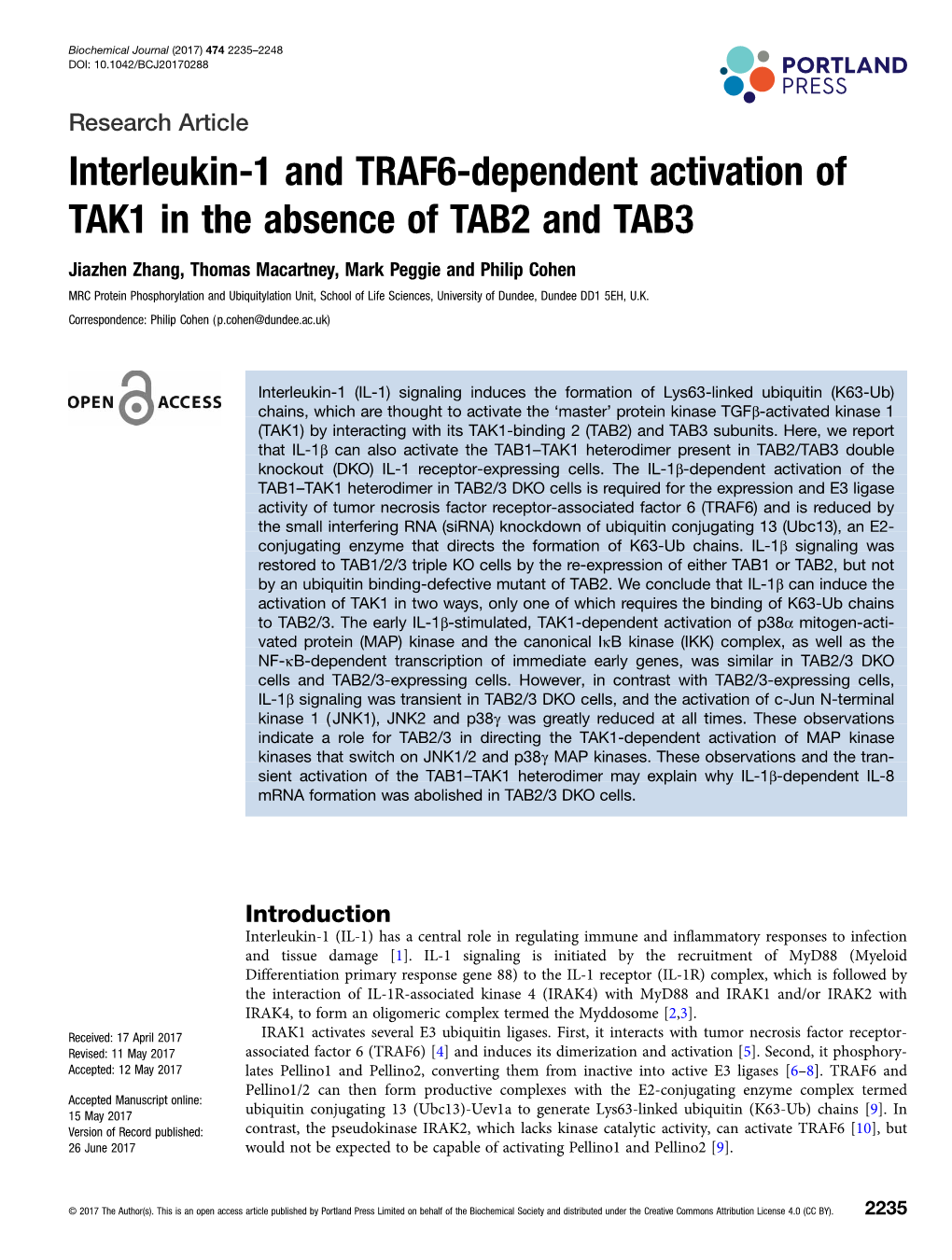 Interleukin-1 and TRAF6-Dependent Activation of TAK1 in the Absence of TAB2 and TAB3