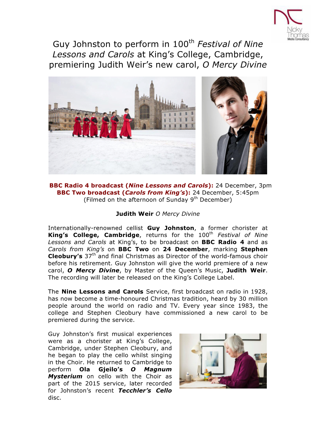 Guy Johnston to Perform in 100Th Festival of Nine Lessons and Carols at King’S College, Cambridge, Premiering Judith Weir’S New Carol, O Mercy Divine