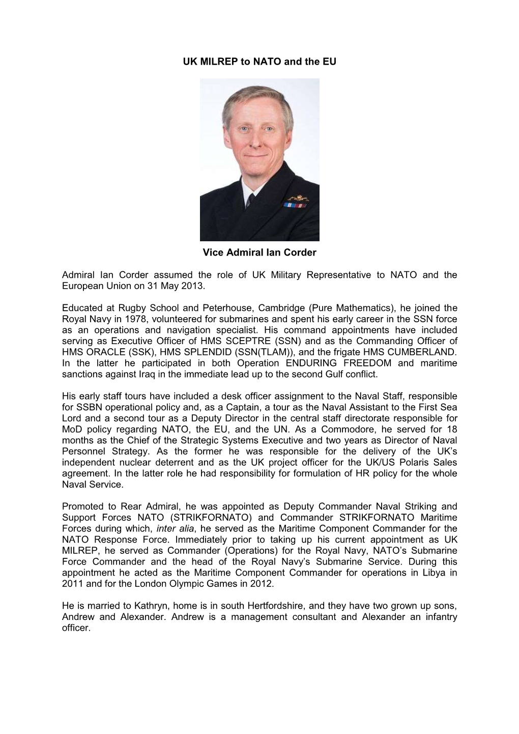 UK MILREP to NATO and the EU Vice Admiral Ian Corder