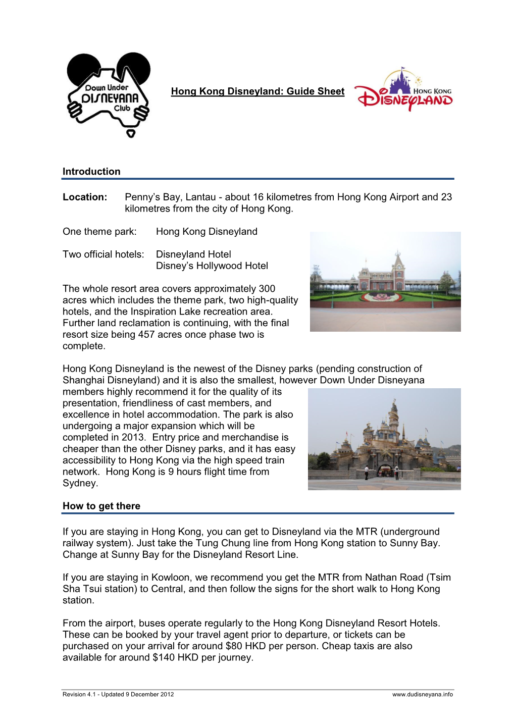 Hong Kong Disneyland: Guide Sheet