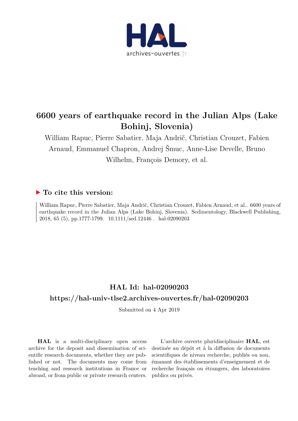 6600 Years of Earthquake Record in the Julian Alps (Lake Bohinj