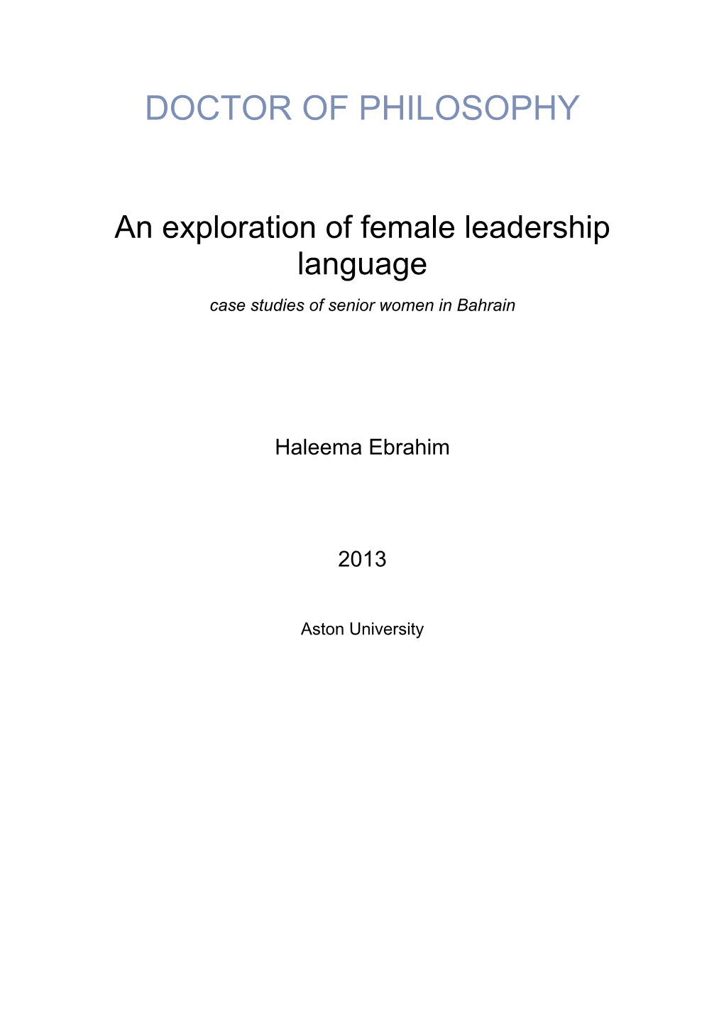 An Exploration of Female Leadership Language Case Studies of Senior Women in Bahrain