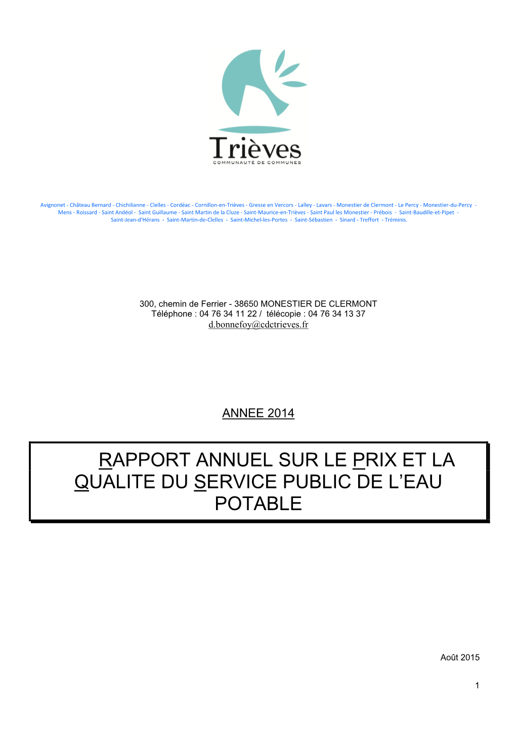 Rapport Annuel Sur Le Prix Et La Qualite Du Service Public De L’Eau Potable