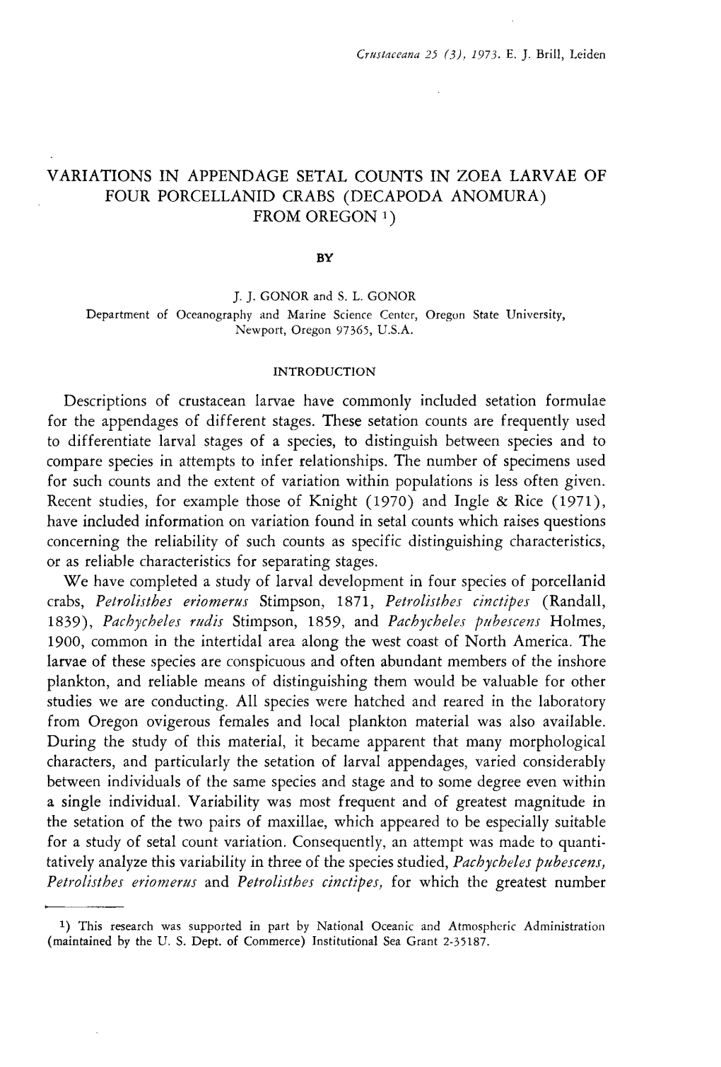 Variations in Appendage Setal Counts in Zoea Larvae of Four Porcellanid Crabs (Decapoda Anomura) from Oregon 1 )