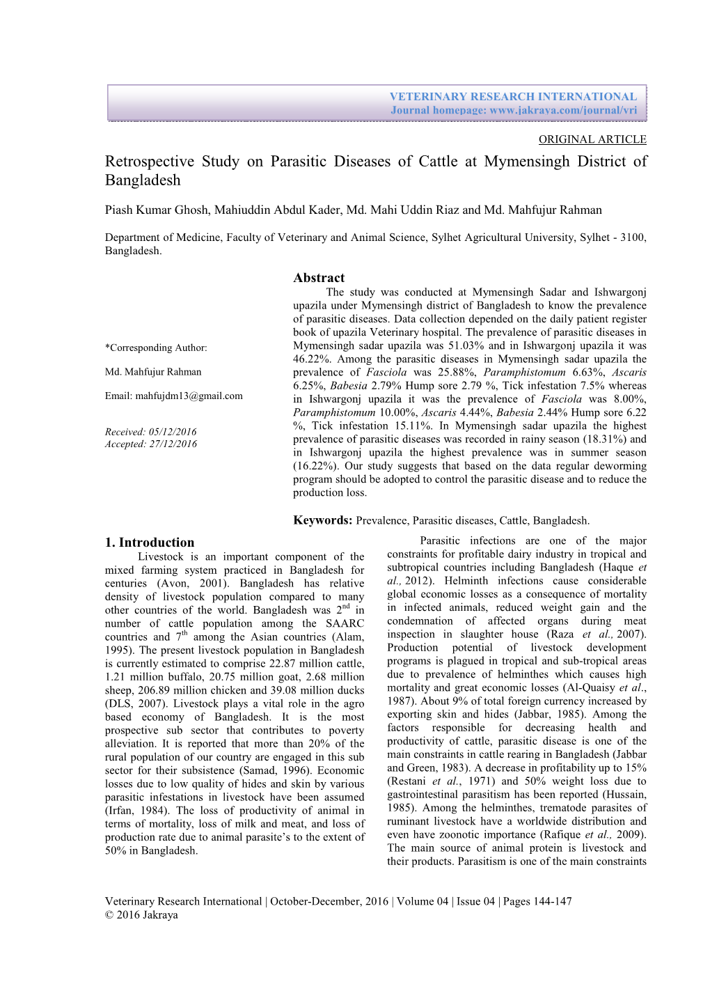 Retrospective Study on Parasitic Diseases of Cattle at Mymensingh District of Bangladesh