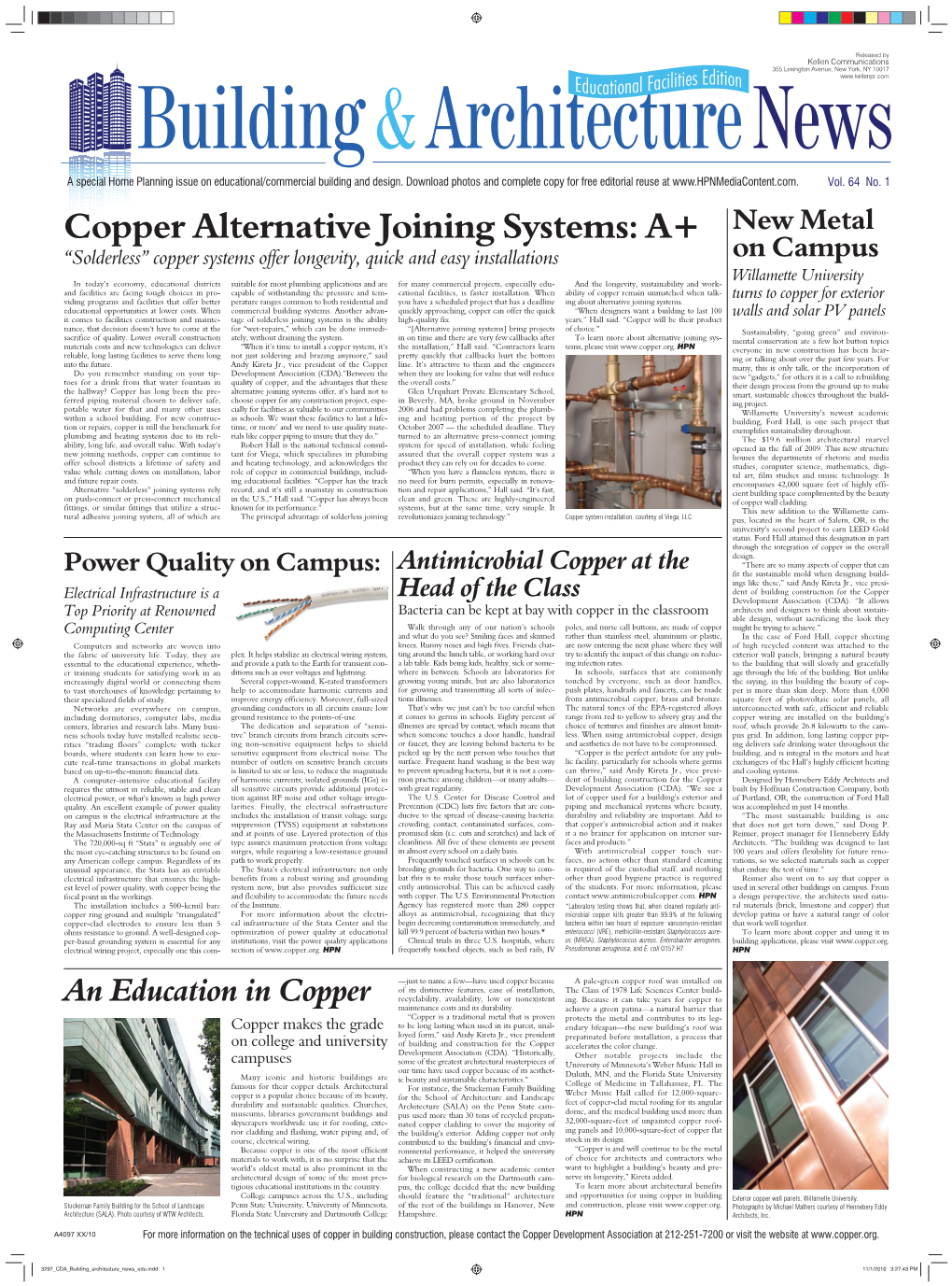 Copper Alternative Joining Systems: A+ New Metal “Solderless” Copper Systems Offer Longevity, Quick and Easy Installations on Campus