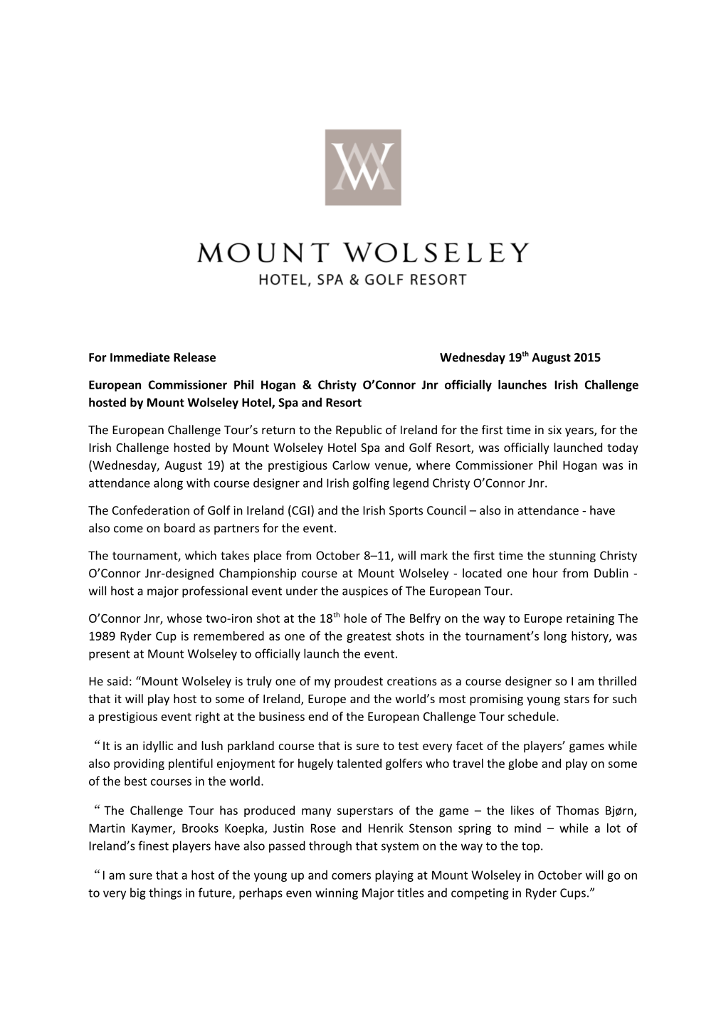 For Immediate Release Wednesday 19Th August 2015