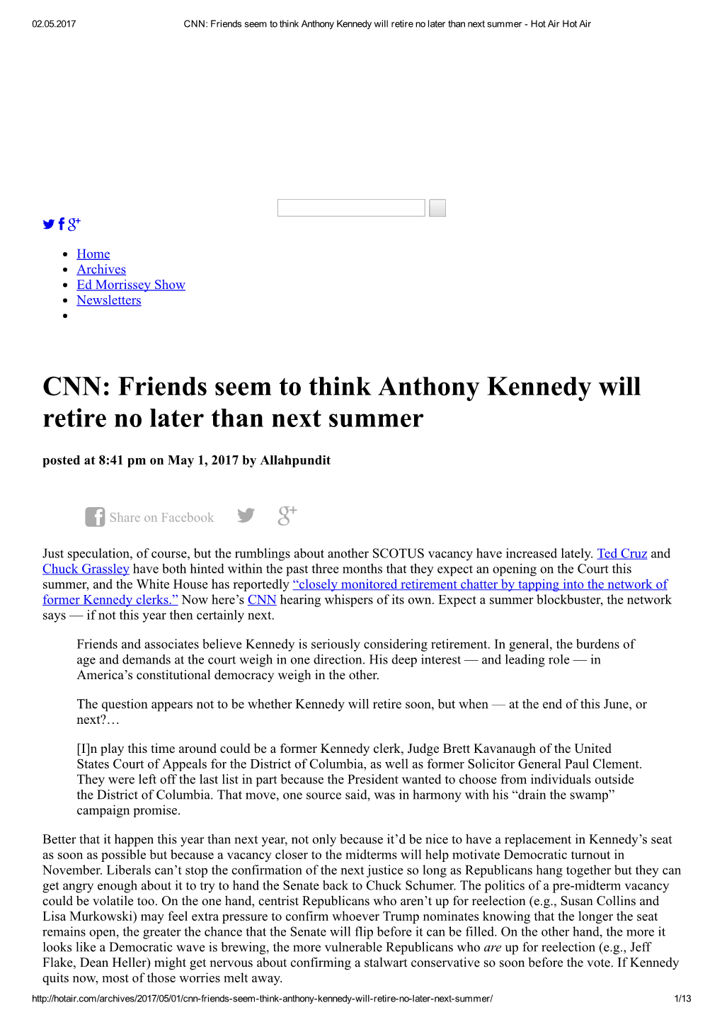 CNN: Friends Seem to Think Anthony Kennedy Will Retire No Later Than Next Summer ­ Hot Air Hot Air