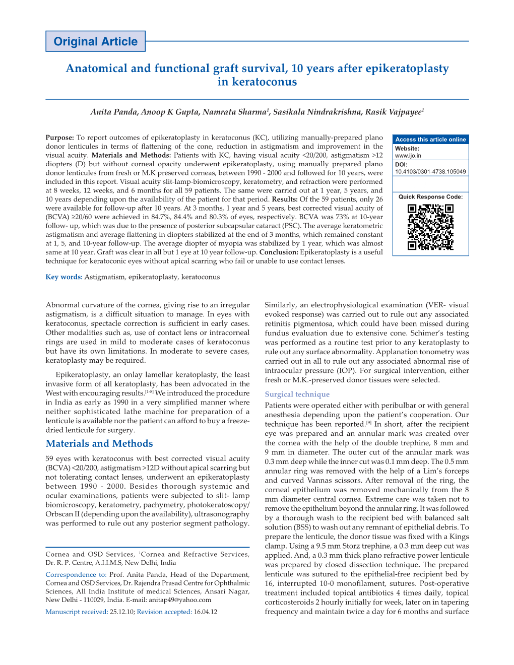 Anatomical and Functional Graft Survival, 10 Years After Epikeratoplasty in Keratoconus