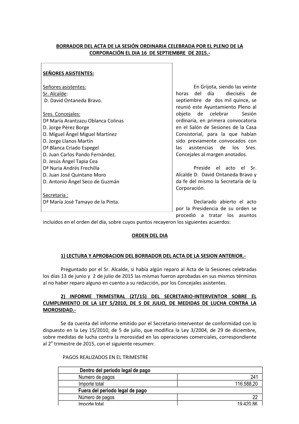 Borrador Del Acta De La Sesión Ordinaria Celebrada Por El Pleno De La Corporación El Dia 16 De Septiembre De 2015