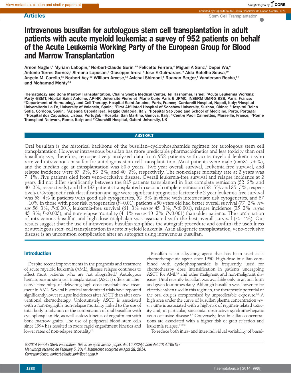 Intravenous Busulfan for Autologous Stem Cell Transplantation In