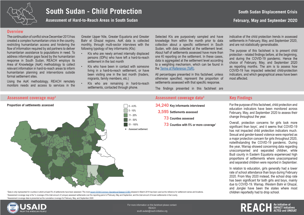 Child Protection South Sudan Displacement Crisis Assessment of Hard-To-Reach Areas in South Sudan February, May and September 2020