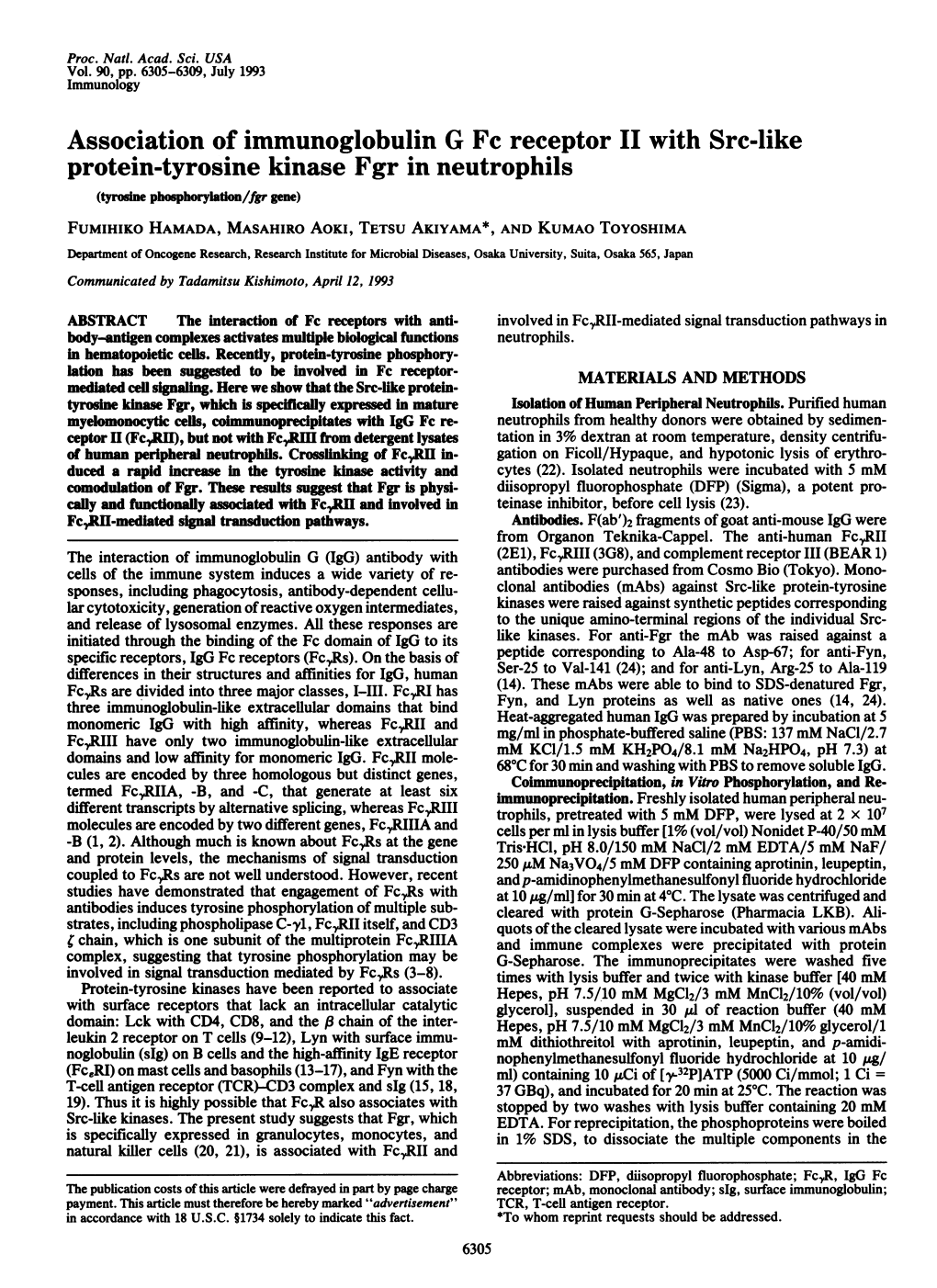 Association of Immunoglobulin G Fc Receptor II with Src-Like Protein-Tyrosine Kinase Fgr in Neutrophils