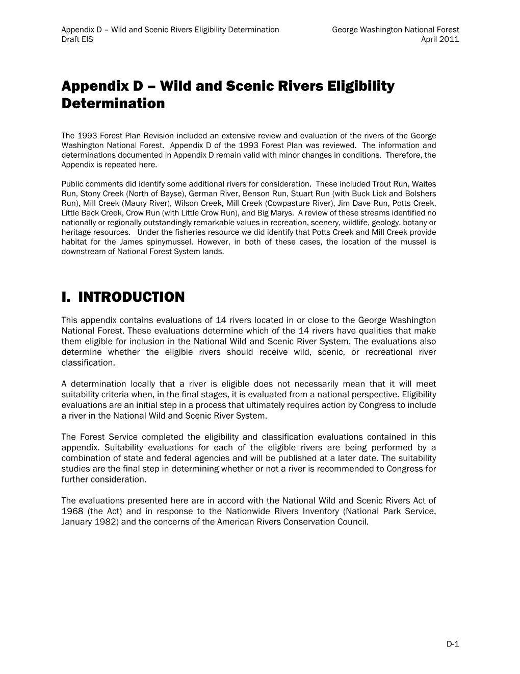 Appendix D – Wild and Scenic Rivers Eligibility Determination George Washington National Forest Draft EIS April 2011