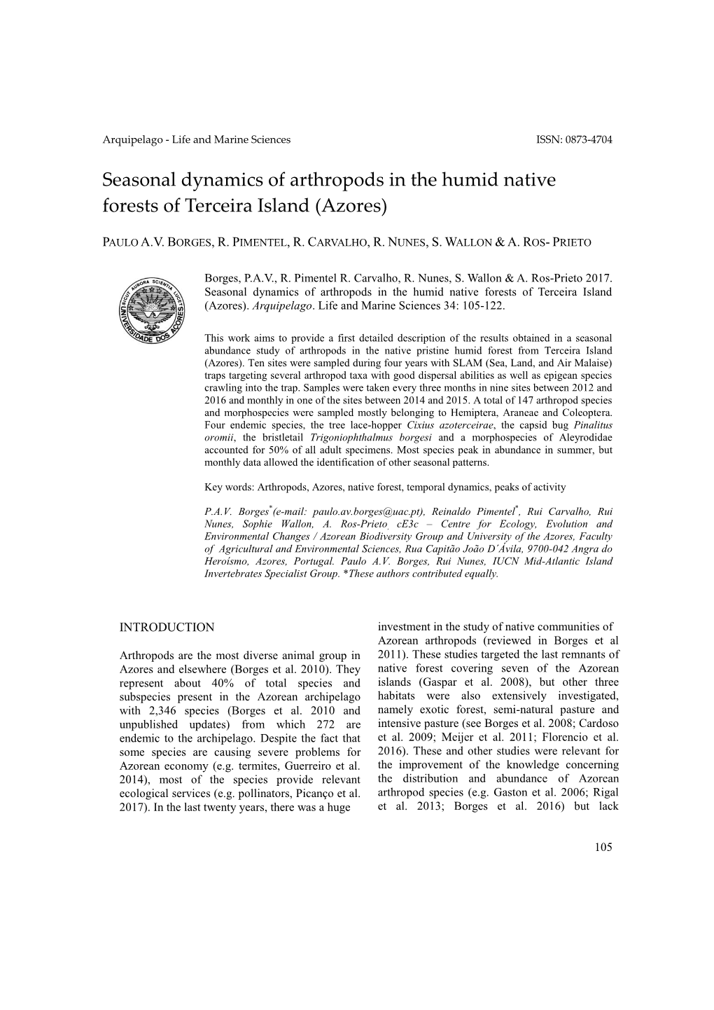 Seasonal Dynamics of Arthropods in the Humid Native Forests of Terceira Island (Azores)