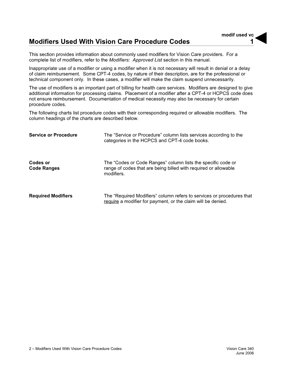 Modifiers Used with Vision Care Procedure Codes (Modif Used Vc)